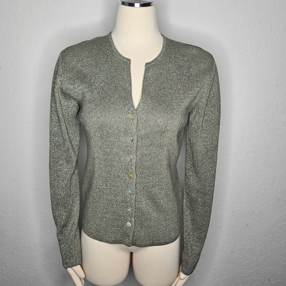 Joseph A Womens Silk Metallic Ribbed Cardigan Gold Multi Notched Neck Large